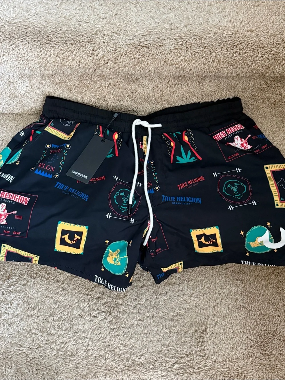 True Religion Resort Board Swim Shorts with Multicolor Graphic Patches (NEW)
